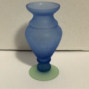 Vintage Hand Blown Crackle Glass Frosted Blue Vase with Green 7 1/2 inch